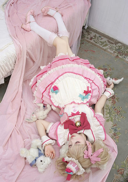 Strawberry Theme Sweet Lolita OP with Apron, Sakura Pink Striped Pattern - Sakurahime