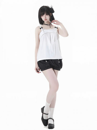 Polka-Dot Bubble Shorts with Butterfly Charms Black Cheongsam Style