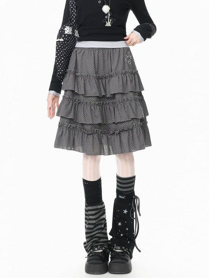 Embroidered Detail Polka Dot Ruffle Tiered Skirt in Gray Hue - Languid Park