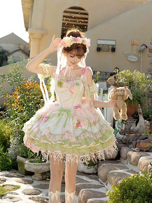 Sweet Lolita JSK Set with Floral Crown and Detachable Sleeves - Sweetheart Macaron Lolita