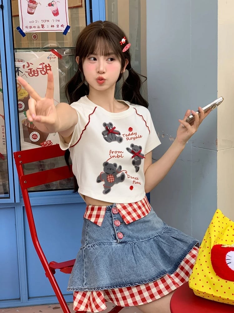 T-Shirt Short/Long White Round Neck Bear Print Version