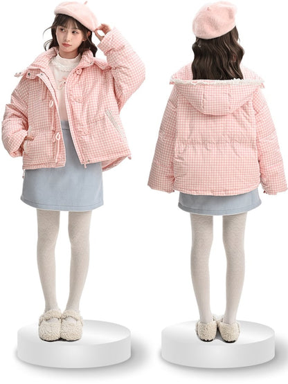 Pink Plaid Hooded Down Sweetheart Button Jacket