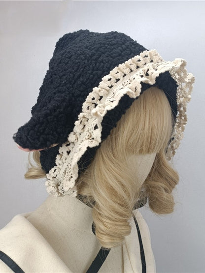 Plush Lamb Ear Black/White Sweet Lace Hat Design