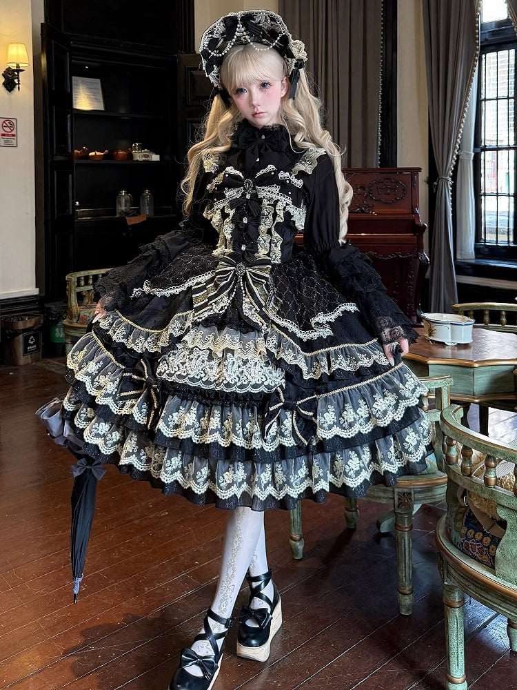 Bow Neckline Chain Flower Princess Black Lolita Bead Dress Gorgeous