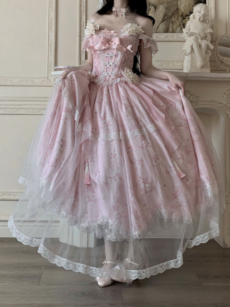 with Long Version Pink Jasmine-Embellished Buttons Top + Print Lolita Skirt Corset Frog Floral