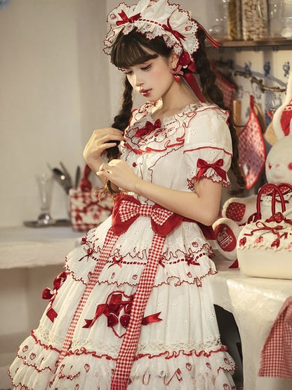 and Lolita Ruffles Applique Sweet White Dress Red Sweetheart with Bows