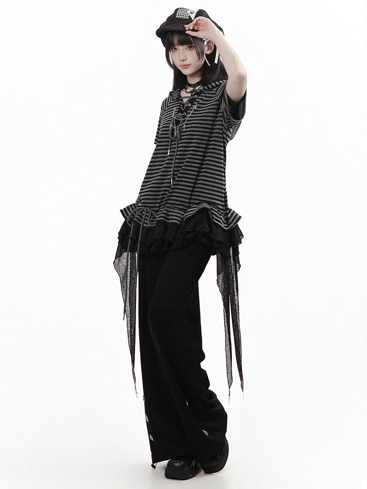 Striped Hooded Tee with Ruffle Hem & Streamers - Black Gray - PINK SAVIOR