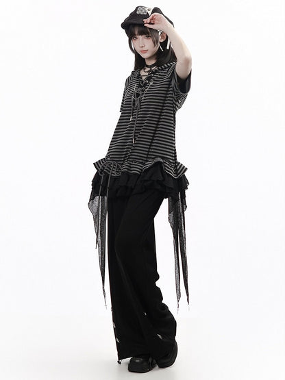 Striped Hooded Tee with Ruffle Hem & Streamers - Black Gray - PINK SAVIOR