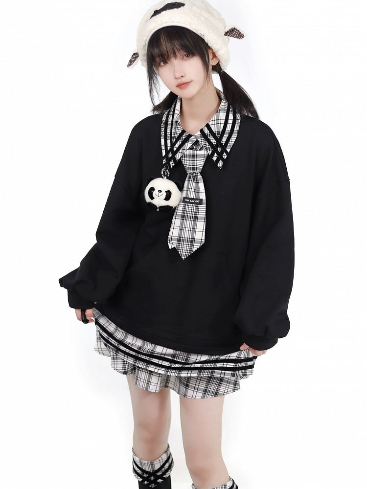 Panda Toy Sweatshirt Black Splicing Plush Plaid with