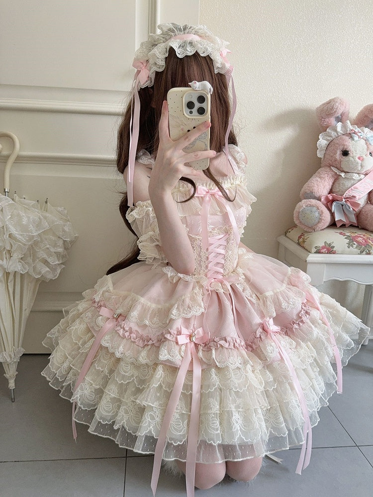/ Multi-Layer Ballet-Style Large Cute Only JSK Dress with Lace Train + Skirt Bow Details Pink Princess Ribbon