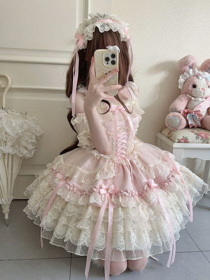 / Multi-Layer Ballet-Style Large Cute Only JSK Dress with Lace Train + Skirt Bow Details Pink Princess Ribbon