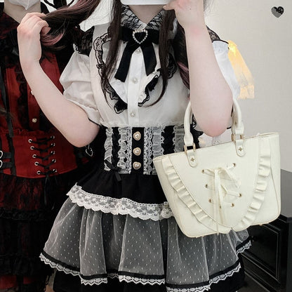 Waist Sweetheart Buttons Trim High Lace Black/Pink/Blue