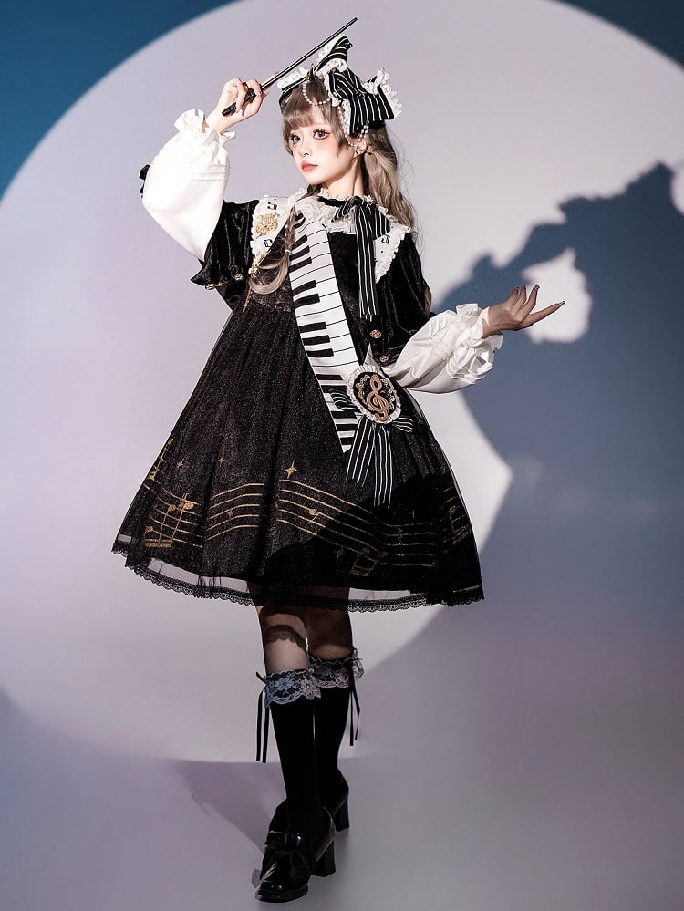 Musical Note Print Black and White Long Sleeves Lolita OP Full Set