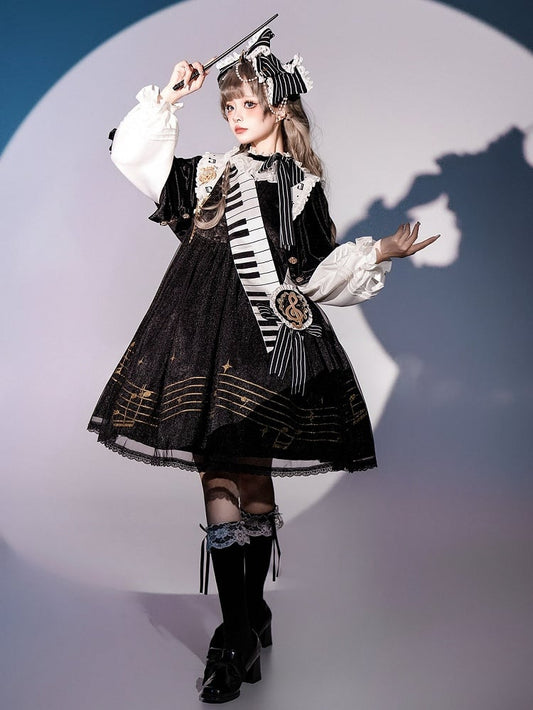 Musical Note Print Black and White Long Sleeves Lolita OP Full Set