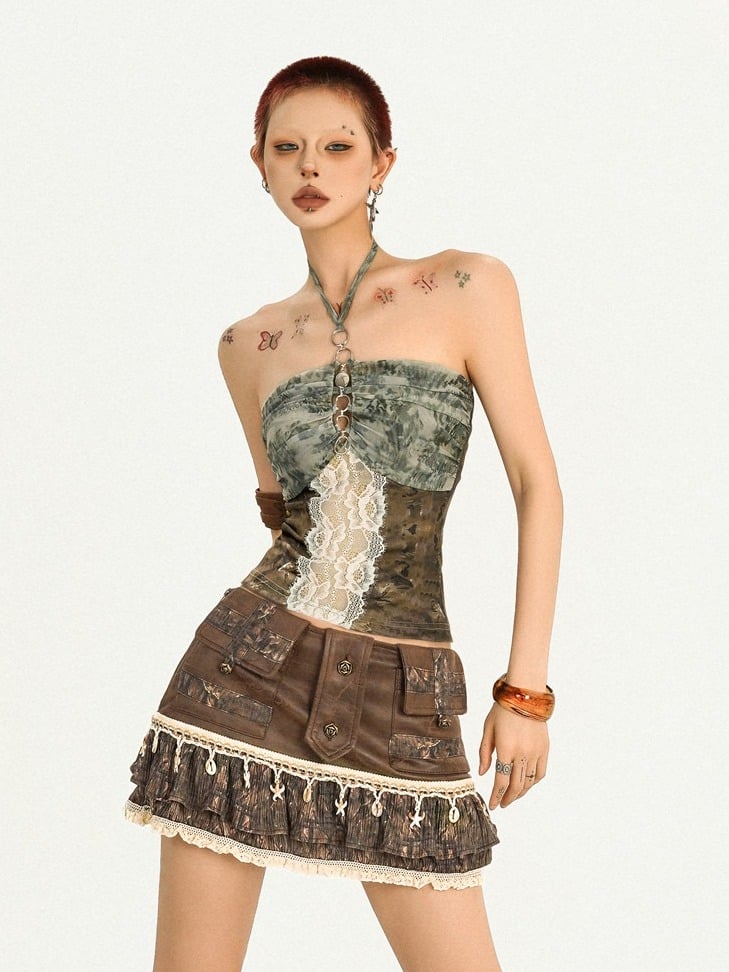 Brown & Green Desert Style Halter Neck Sleeveless Blouse with Lace Pattern