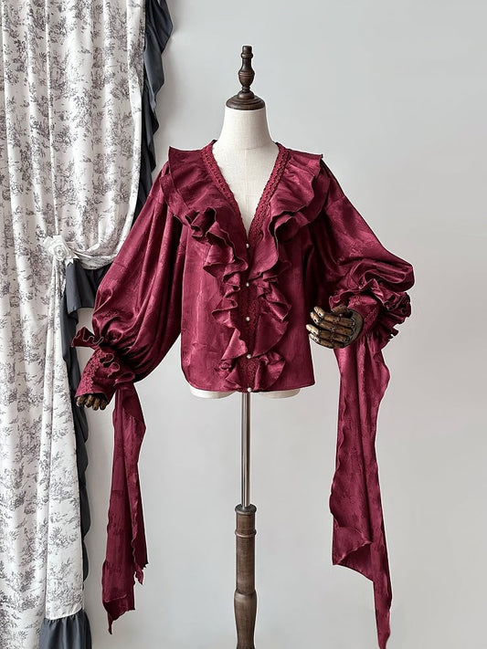 Sleeves Shirt Lolita Gothic Structured Ruffles Long V-neck Red