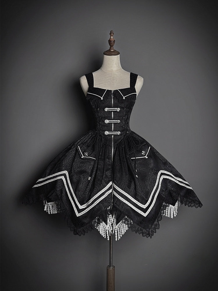 Black with Hem Military Details Lolita Corset Dress Zipper Handkerchief Jacquard