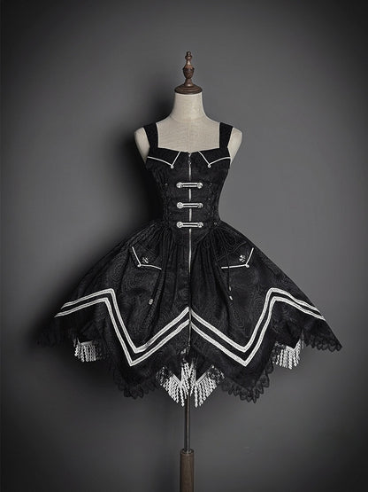 Black with Hem Military Details Lolita Corset Dress Zipper Handkerchief Jacquard