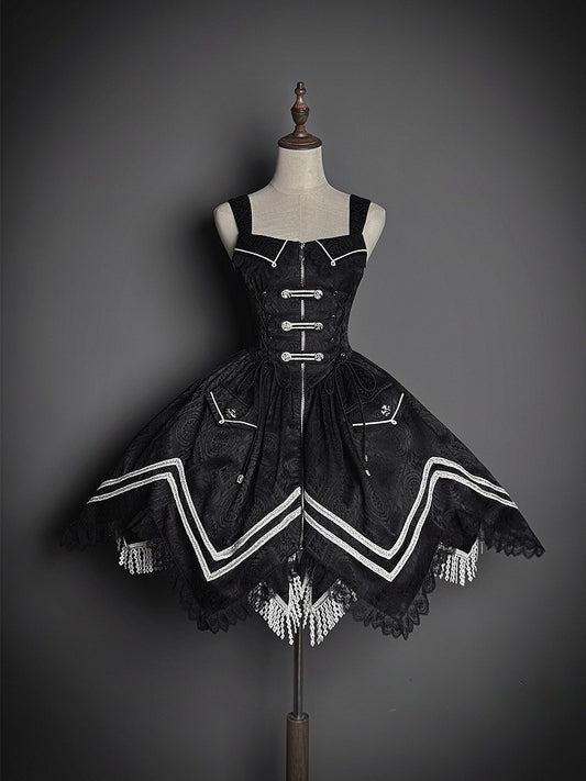 Black with Hem Military Details Lolita Corset Dress Zipper Handkerchief Jacquard