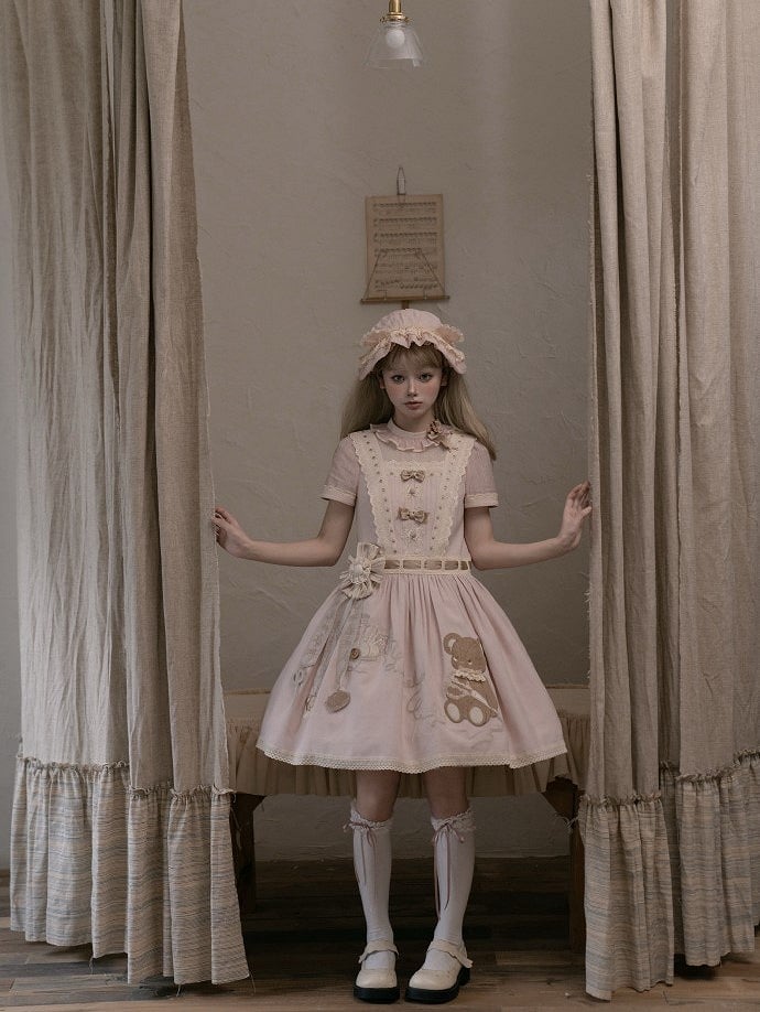Sweet Waist Dropped Dress Embroidery Lolita Teddy Pink Bear with