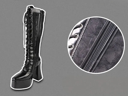 Boots Gothic Platform Knee-high Front Heel Ties High Lace Block Black Lace-up