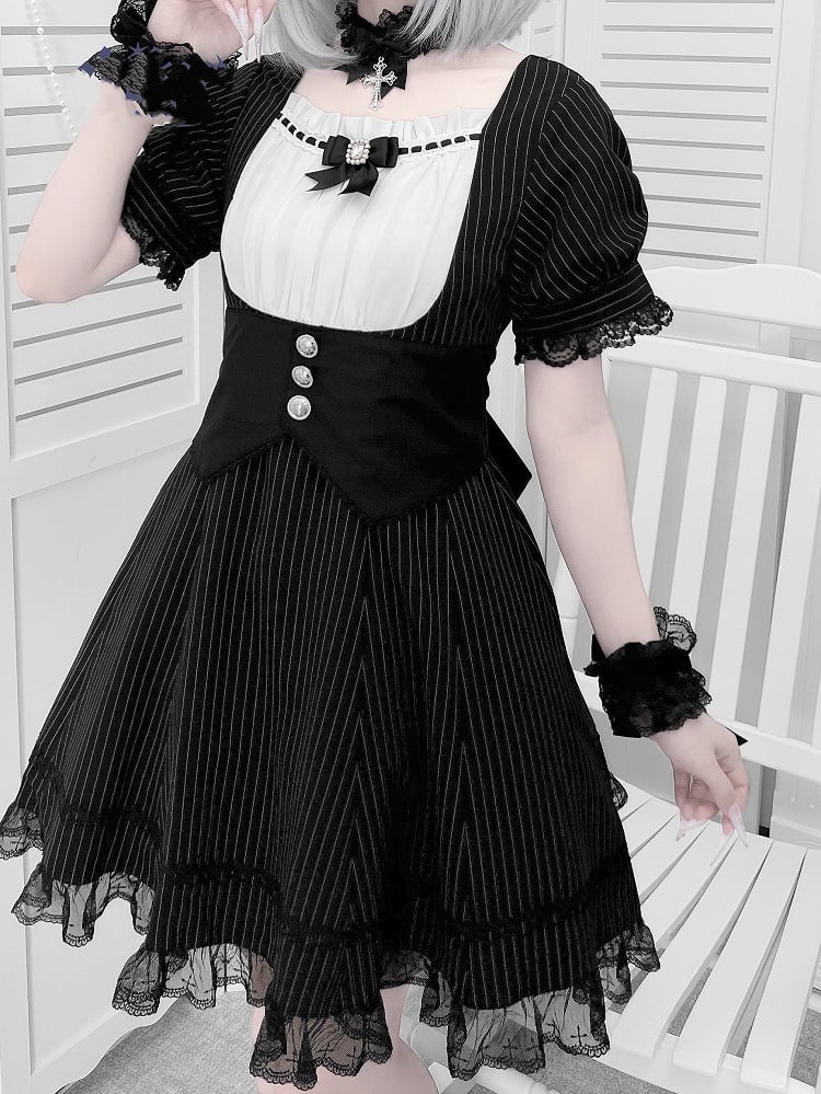 Dress Black Full Striped Waist Jirai Kei Set Corset Belt Design at with