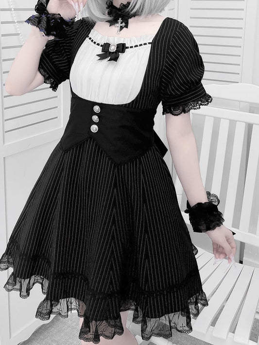Dress Black Full Striped Waist Jirai Kei Set Corset Belt Design at with