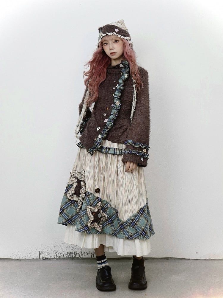 Bohemian Midi Skirt: Patchwork Green with Beige Kei Plaid Vintage Appliques Star Mori