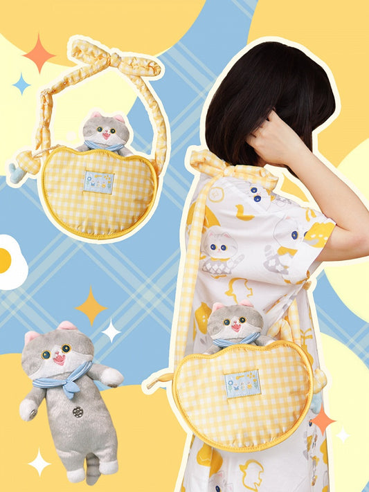 キュートなチューリップ型のイエローチェック柄クロスボディバッグ（キティのぬいぐるみ付き）