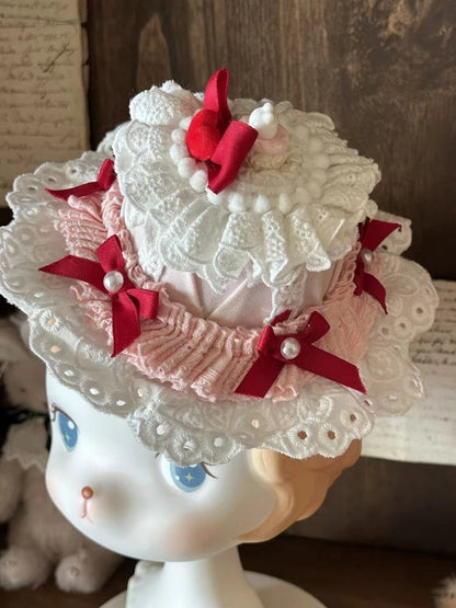 Red Mini Sweet Bow White Hat Lolita Cake-inspired and Lace