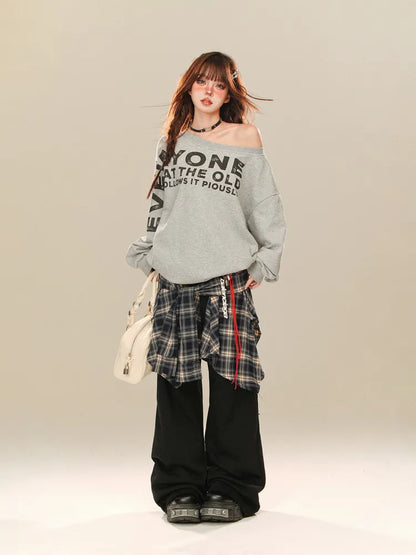 Schwarze karierte Hose mit weitem Bein und