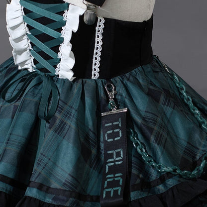 Overall Punk und Schnürung an der Taille Schwarz Plaid Detail Korsett Lolita Kleid Grün