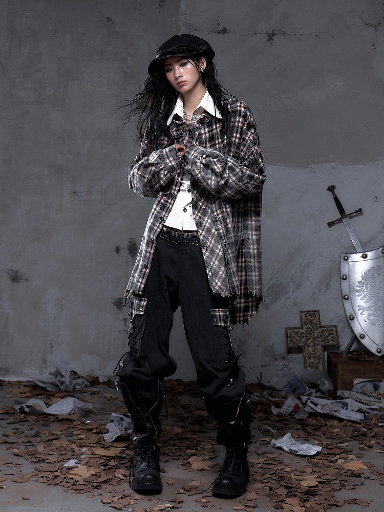 Faded Shirt Frayed Rock White Distressed Punk Edgy with Black Multi-Button Placket Hem Plaid