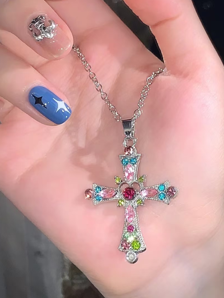 Neon Rainbow/Purple Rhinestone Cross Pendant Chain Necklace