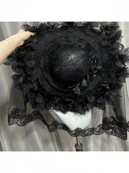 Gothic Lace Hat with Beaded Tassel - Custom Made Earrings