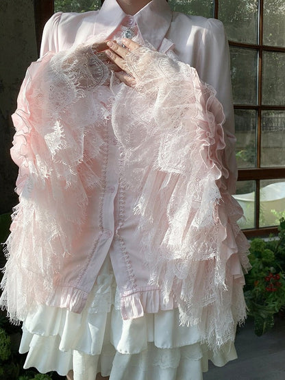 Pink Blouse with Bell Sleeves and Layered Lace - Lan Jian Chuan