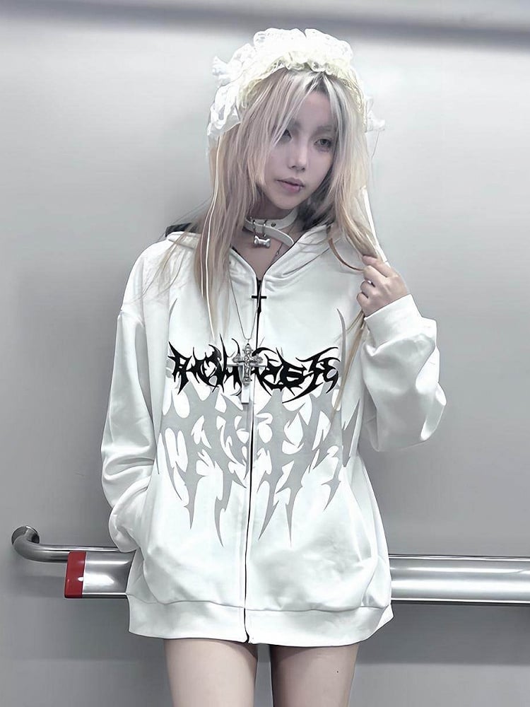 Dark Y2K Hooded White Zip Jacket with Gothic Tattoo Print - Alita26SS