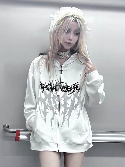 Dark Y2K Hooded White Zip Jacket with Gothic Tattoo Print - Alita26SS