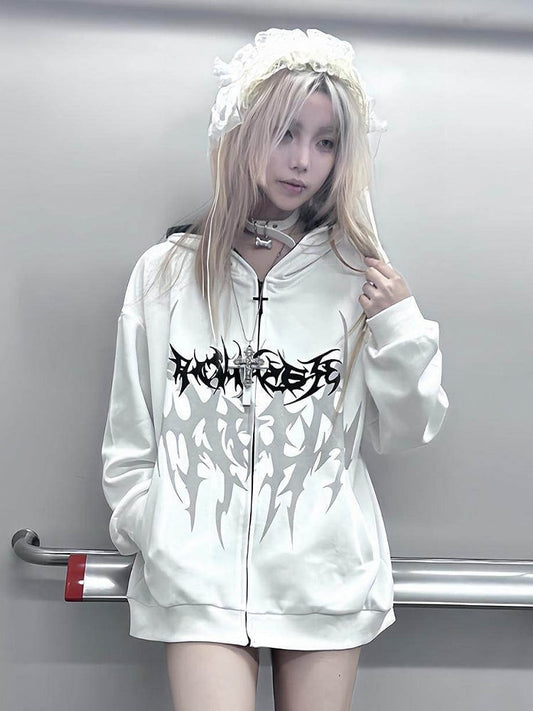 Dark Y2K Hooded White Zip Jacket with Gothic Tattoo Print - Alita26SS