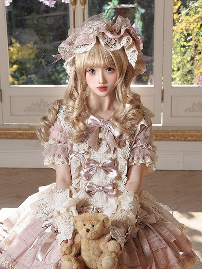Detail Hat Beige with Sweet Pink Lolita Lace-Trimmed Bow