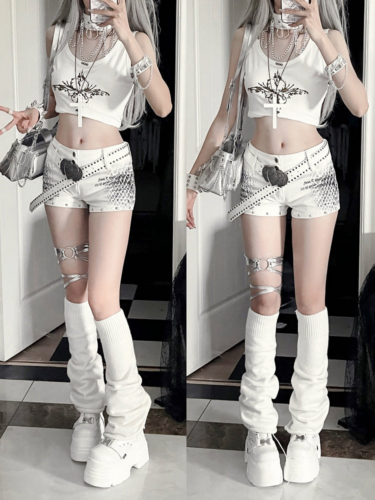 ホワイト ローライズ スネークスキンプリント ミニショーツ