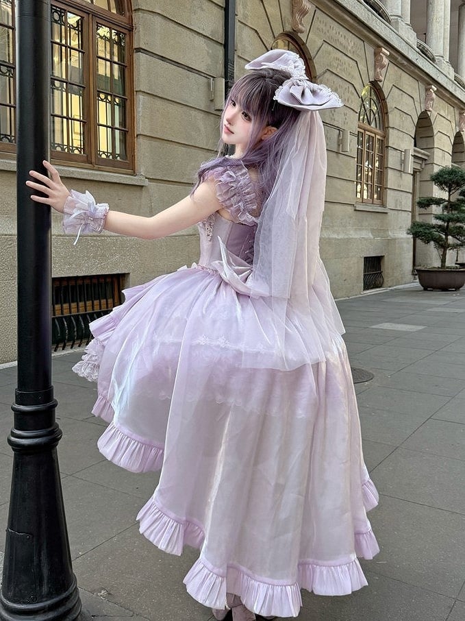 Lace Basque Blooming Flower Accents Hime Fluffy Lolita with Waist Layered Dress Purple