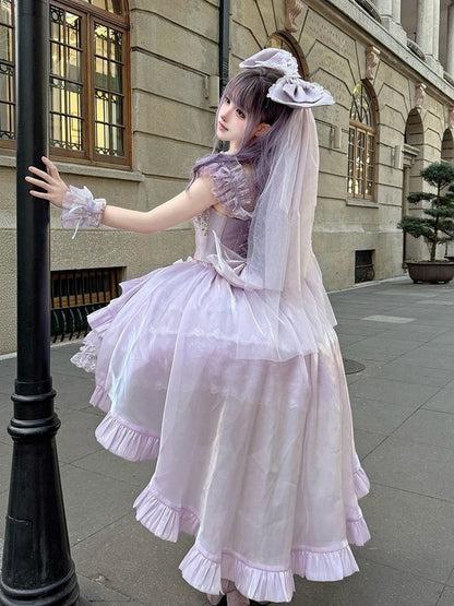 Lace Basque Blooming Flower Accents Hime Fluffy Lolita with Waist Layered Dress Purple