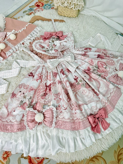Plush Jumper Cape + Print Strawberry Collar Pink Sweet Kitty Skirt Set Lolita and