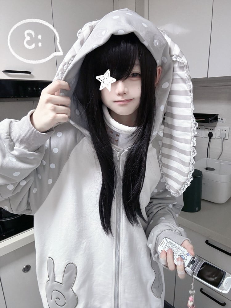 with Bunny / Dot Pink Gray Big Polka Ears Hoodie Striped
