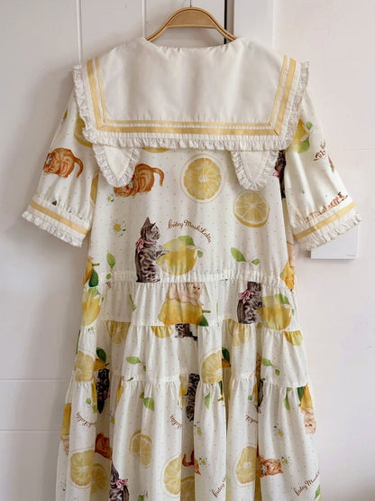 Yellow Sailor Collar Floral Print High Waist Dress with Cat Motif - Cutey Mask