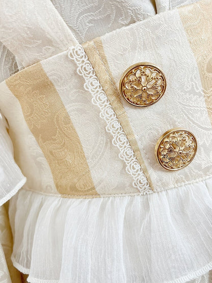 Prince Outfit Champagne Striped Shirt Ruffle Overall Long + Ouji Shorts Lolita Pattern Neckline Sleeves