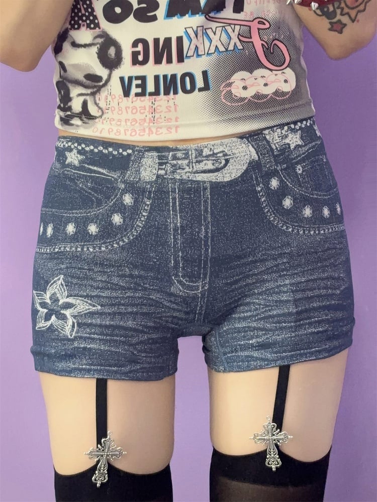 Y2K Denim Print Blue/Black/Gray With Shorts