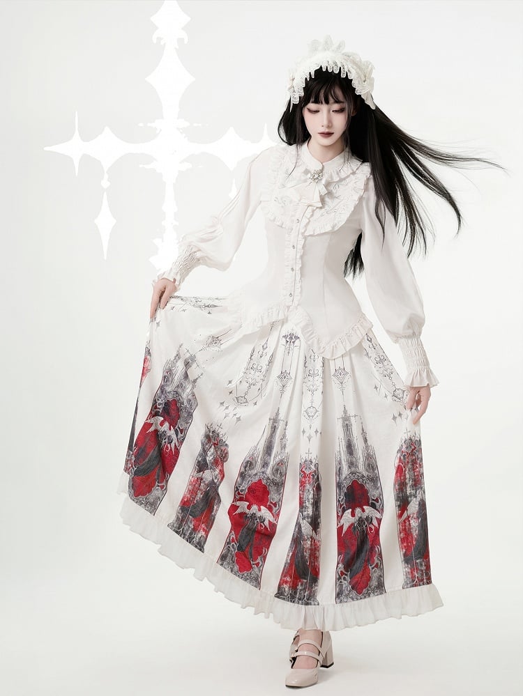 Details and Tie Bow Detachable with Ruffled White Gothic Blouse Embroidered