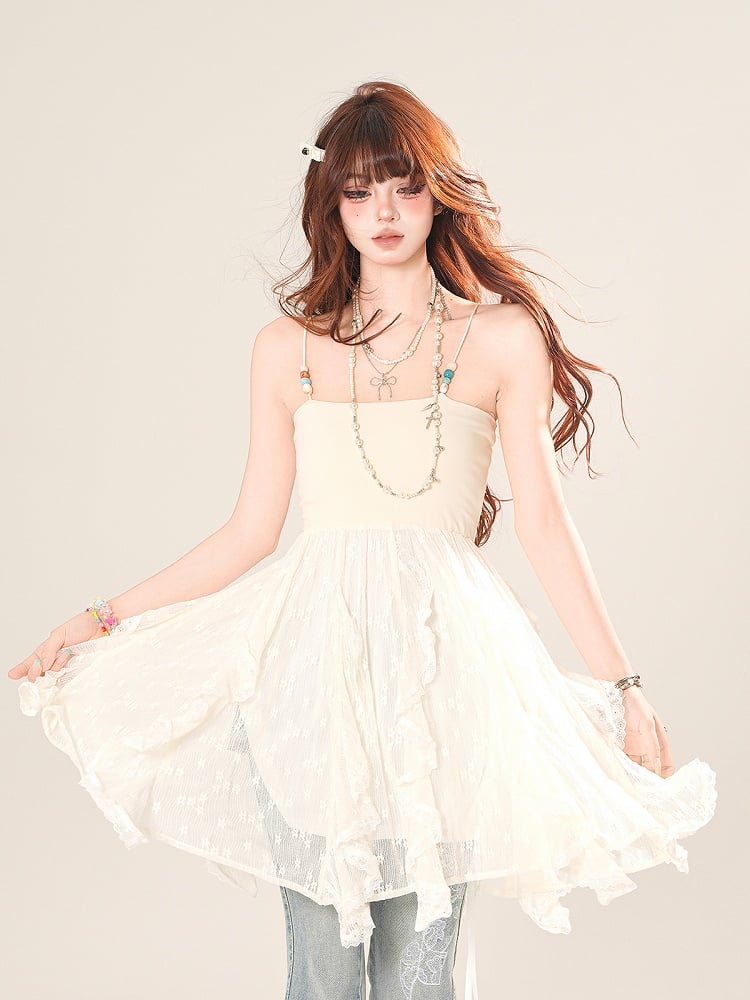 カスケードフリルアクセントレースキャミソールトップ ブルー/アプリコット